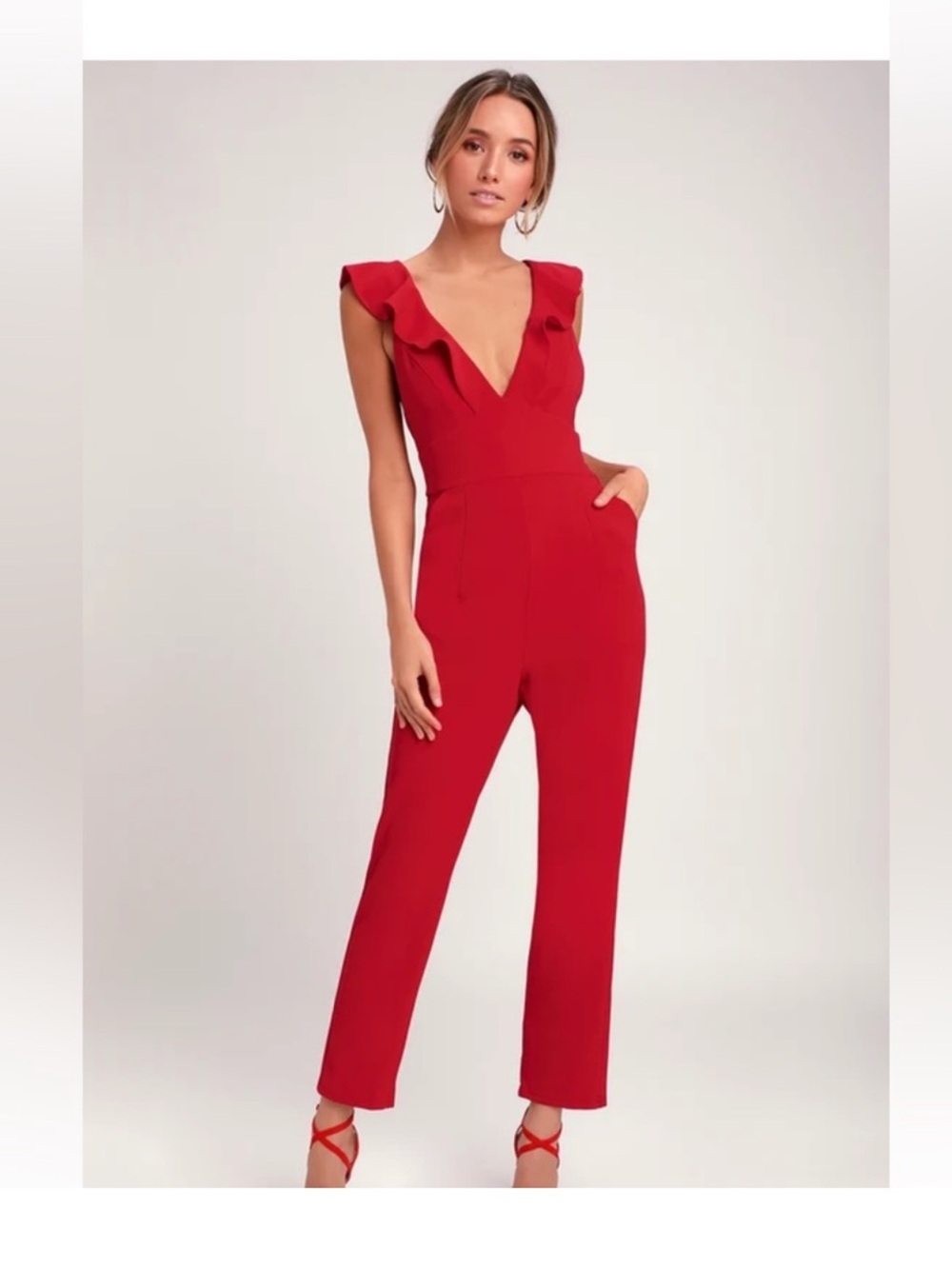 Lulu's Red V-Neck Ruffle Shoulder Jumpsuit